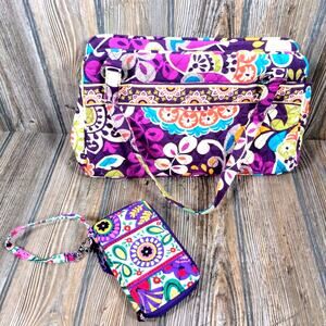Vera Bradley Crazy Quilted Purple Purse Shoulder Bag Tote Wallet Set Floral